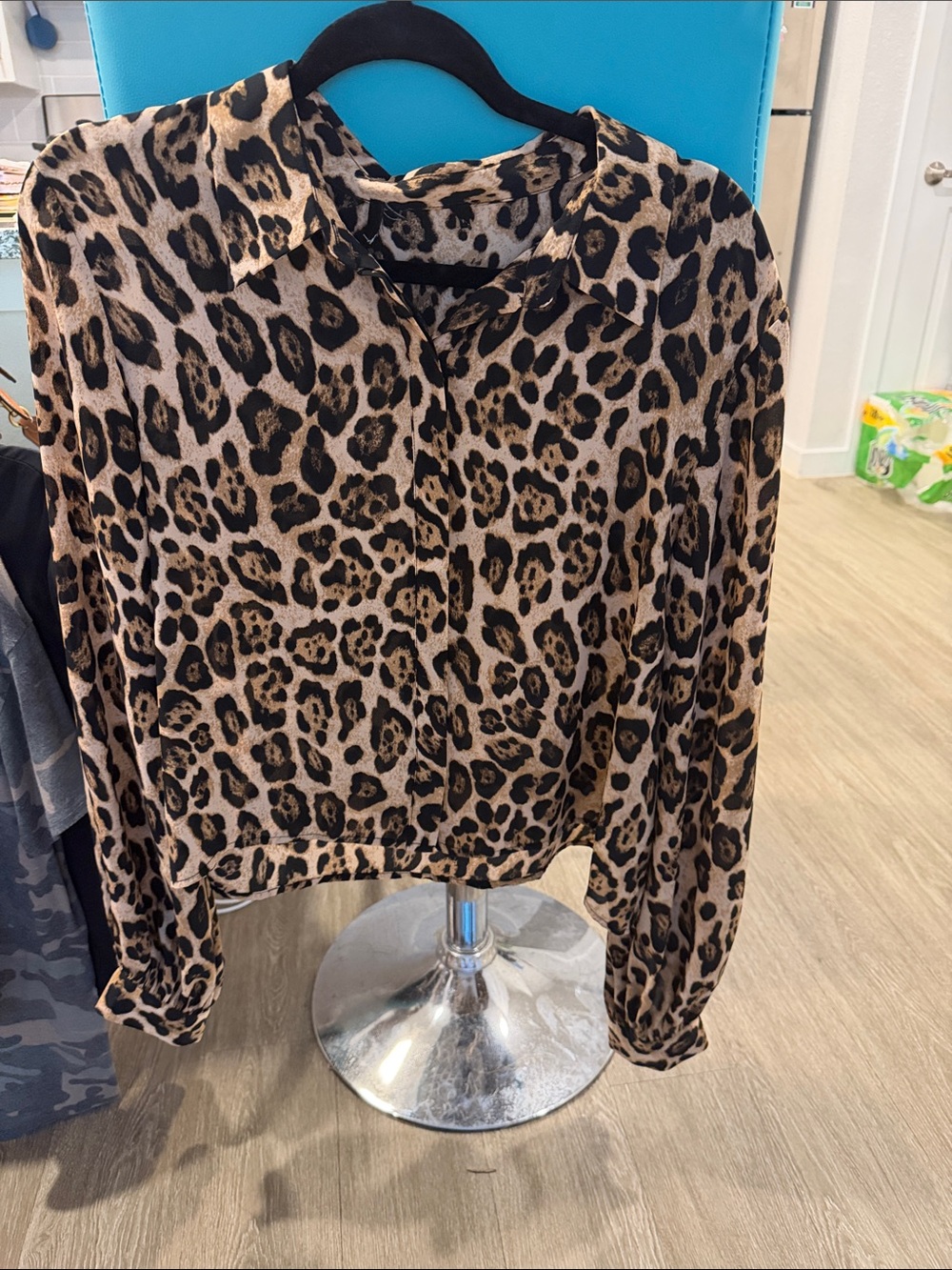 Leopard Print Button-Up Blouse - Brown